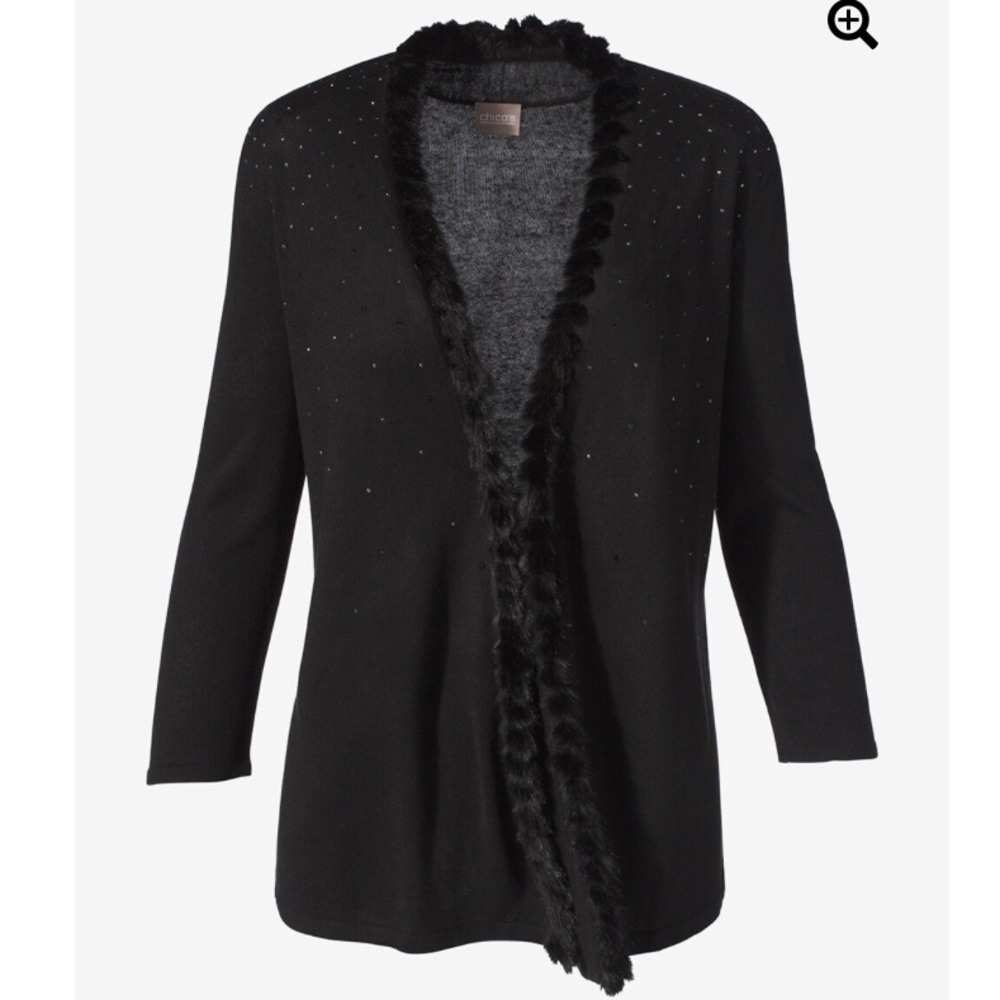 Chicos Women 0/S Black Rhinestone Open Front Portia Faux-Fur Collar Cardigan